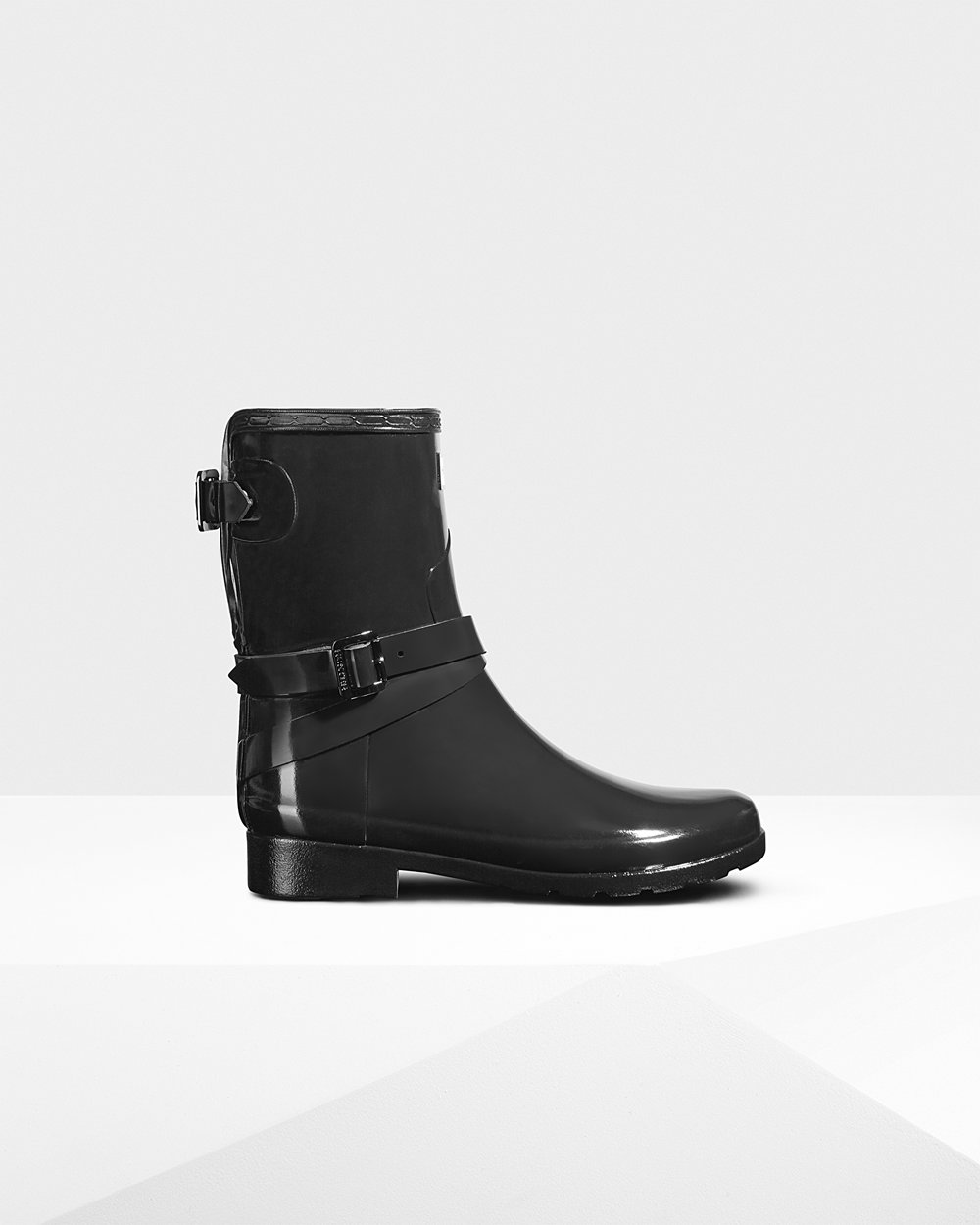 Womens Short Rain Boots - Hunter Refined Adjustable Gloss (74DXWOZMK) - Black